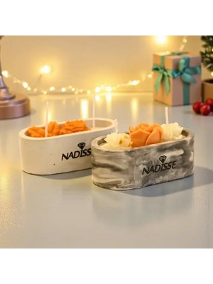 2’li Mermer Kaplı Çiçek Mum Seti