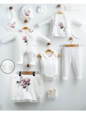 Eda Baby Ortanca Çiçekli 10'lu Organik Hastane Çıkış Seti %100 Pamuk Yenidoğan Kız Bebek