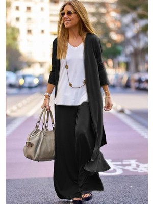 Egecen Kadın Uzun Kollu Önü Açık Viskon Ceket ve Pantolon Ikili Takım