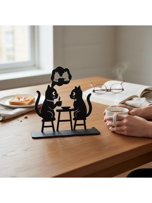 Hediyesahibi Kedi Figürlü Metal Masaüstü Dekor – Kahve Sohbeti Tasarım Obje