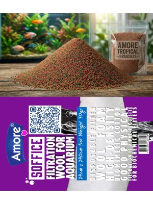 Amore Akvaryum Filtre Elyafı 70GR Silikonsuz 24X240CM Soffice, Tropical Balık Yemi 100GR