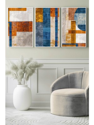Mavi & Turuncu Geometrik Desen Modern 3’lü Kanvas Tablo