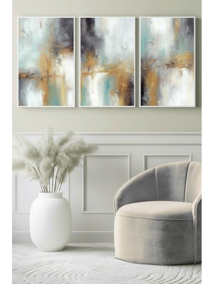 Turkuaz & Altın Doku Geçişli Modern Soyut 3’lü Kanvas Tablo