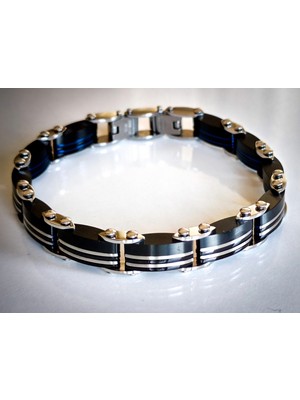 Mavi ve Siyah Çift Taraflı Çelik Erkek Bileklik