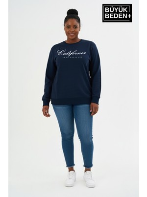 Superlife Kadın Büyük Beden El Yazılı California Baskılı Bisiklet Yaka Ince Sweatshirt SPR26BSWK956-7