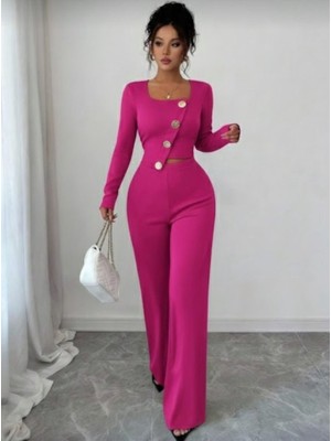 Bosel Kadın Uzun Kol Kare Yaka Asimetrik Düğme Detay Bluz ve Yüksek Bel Pantolon Ikili Takım