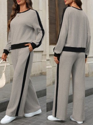 Bosel Kadın Uzun Kollu Bisiklet Yaka Şardonlu Kaşkorse Bluz ve Pantolon Ikili Takım