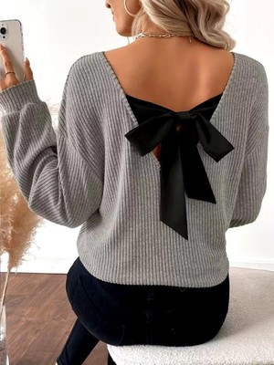 Arben Boutique Kadın Uzun Kollu V Yakalı Arkadan Kurdela Detaylı Şardonlu Kaşkorse Bluz