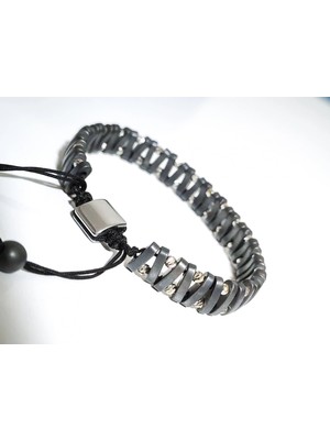 Parlak Gri Hematit Taşlı Ayarlanabilir Erkek Bileklik