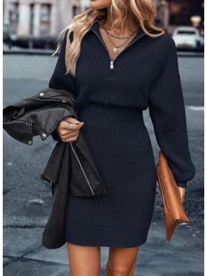 Ahes Shopping Kadın Uzun Kollu Yakası Fermuarlı Mini Triko Elbise