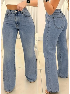 Giyimodam Kadın Yüksek Bel Cepli Paçaya Doğru Geniş Kot Pantolon