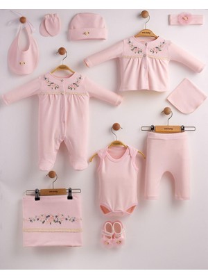 Eda Baby Sıralı Çiçekli 10'lu Organik Hastane Çıkış Seti %100 Pamuk Yenidoğan 10'lu Takım