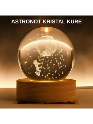 Zero Land Mtxdpn 3D Astronot Kristal Küre Gece Lambası USB Ahşap Standlı Dekoratif Işık