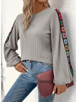 Gökyüzü Moda Kadın Uzun Kollu Kayık Yaka Şardonlu Kaşkorse Bluz