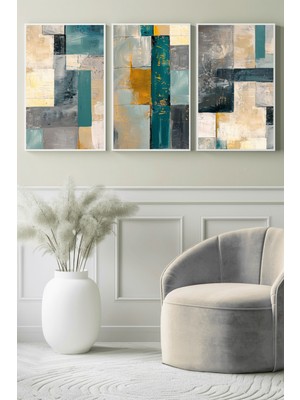 Turkuaz & Altın Geometrik Dokulu Modern Soyut 3’lü Kanvas Tablo