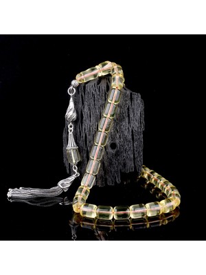 925 Ayar Gümüş Püsküllü Şeffaf Renk Damla Kehribar Tesbih