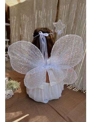 Feyza Design Beyaz Pullu Boncuklu 3'lü Kelebek Kanat Asa Taç Seti