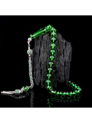 Yeşil Renk Damla Kehribar Tesbih Zirkon Taşlı Gümüş Püsküllü