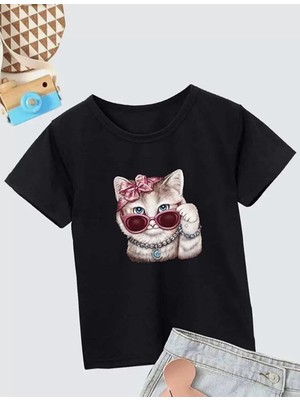 Giyim Center Kız Çocuk Bisiklet Yaka Baskılı T-Shirt - Siyah