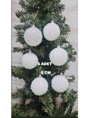 Asöy Yılbaşı Ağacı Süsleme 6 cm Yeşil Top 6'lı Beyaz Parıltılı Karlı Küre Süs Renkli Cici Top Büyük Boy
