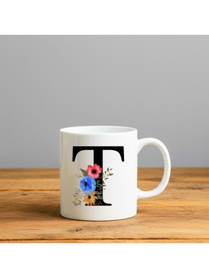Finka Dekor Çiçek Desen T Harfi Tasarımlı-Kişiye Özel Seramik Kupa