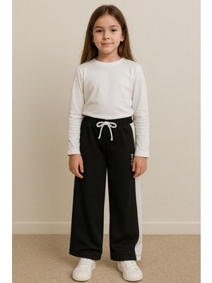 Noble Kids Beyaz Şeritli Siyah Boru Paça Eşofman Altı – Double Face Kumaş, Kız Çocuk, 8–12 Yaş