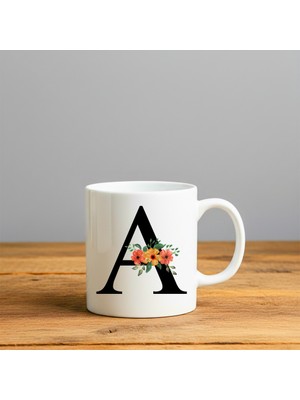 Finka Dekor Çiçek Desen A Harfi Tasarımlı-Kişiye Özel Seramik Kupa