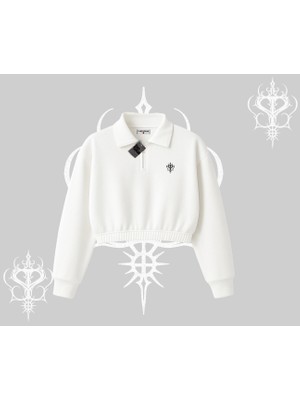 Beyaz Crop Yarım Fermuarlı Sweatshirt Özel Logolu