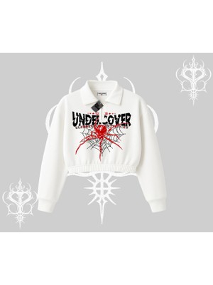 Beyaz Crop Yarım Fermuarlı Sweatshirt Spider Undercover