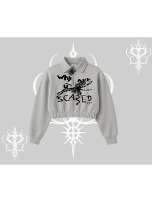 Beyaz Crop Yarım Fermuarlı Sweatshirt Why Are U Scared