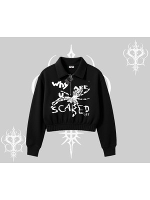 Beyaz Crop Yarım Fermuarlı Sweatshirt Why Are U Scared