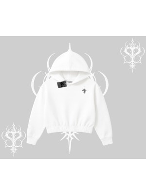 Beyaz Crop Kapşonlu Sweatshirt Özel Logolu