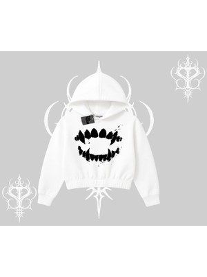 Beyaz Crop Kapşonlu Sweatshirt Vampir Dış