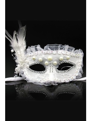 Feyza Design Parlak Beyaz Tüylü Payetli Parti ve Balo Maskesi