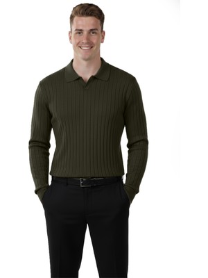 Deepsea Erkek Haki Polo Yaka Fitilli Triko Kazak – %100 Pamuk, Esnek Dokulu, Modern Kalıp 2605305