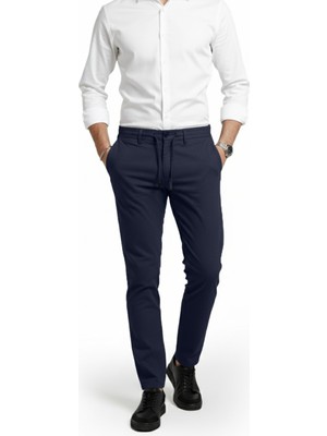 Deepsea Erkek Lacivert Likralı Gofre Kumaş Beli Lastikli Ipli Slim Fit Günlük Pantolon 2600650