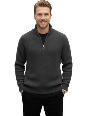 DeepSEA Erkek Füme Yarım Fermuarlı Oversize Kesim Triko Kazak – Yumuşak Dokulu Örgü Kazak 2608511