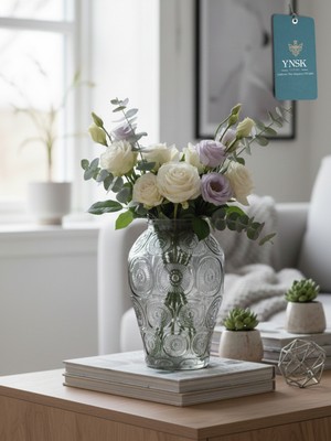 YNSK Luxury Petal Kabartma Desenli İthal Dekoratif Cam Vazo 15x15x25 cm Salon Konsol Üstü Çiçek Vazosu