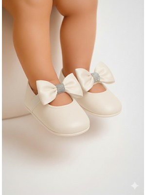 Sofame Baby Krem Taş Detaylı Büyük Fiyonklu Bebek Babet Patik