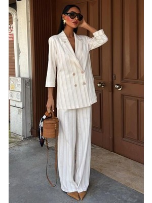 Blazer Ceketli Çizgili Keten Takım 10186