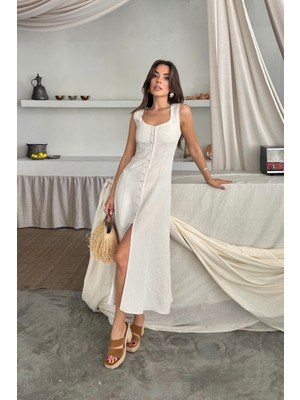 Keten Kolsuz Kare Yaka Düğme Detaylı Elbise - Beyaz