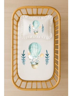 Moda Lime Sıcak Hava Balonunda Fil Bebek Nevresim Takımı – Mint Yeşili Akfil – Içi Dolgulu Fırfırlı
