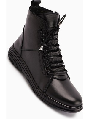 Limoya Jina Hakiki Deri Siyah Bağcıklı Kadın Bot