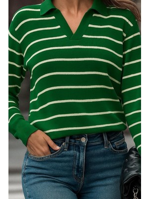 Bosel Kadın Uzun Kollu V Yaka Çizgili Triko Bluz