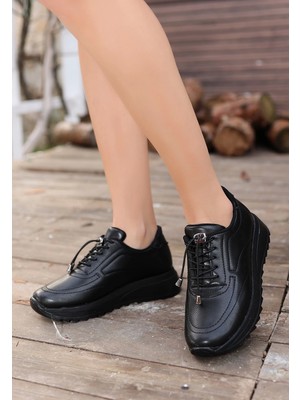 Seçkin Trend Romy Siyah Cilt  Bağcıklı Spor Ayakkabı