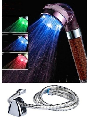 Renk Değiştiren LED Işıklı Duş Başlığı Seti- Hortum Askı Seti (Pilsiz- Elektriksiz)