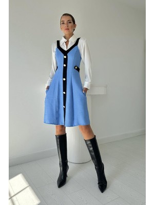 Bosel Mavi Siyah Süs Cepli Askılı Elbise