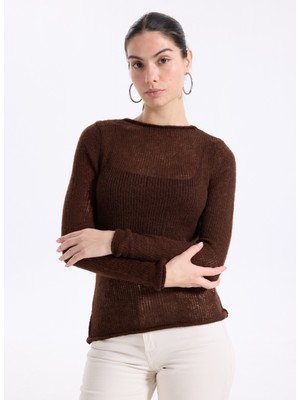 People By Fabrika Kayık Yaka Slim Fit Düz Kahve Kazak Kadın PBF5WL-KZK5100