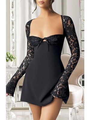 Çamaşır Kenti  Özel Tasarım Dantel Işlemeli Şık Uzun Bolerolu Siyah Fantezi Mini Club Elbisesi