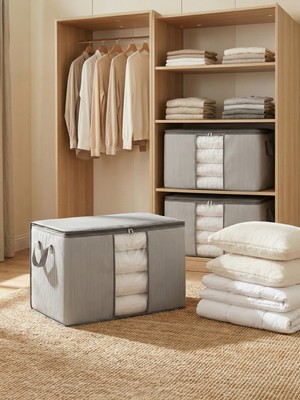 Nacarev 3 Adet Büyük Boy Pencereli Çizgi Desen Baskılı Antrasit Yastık Yorgan Düzenleyici Hurç Seti 75x40x40 Cm